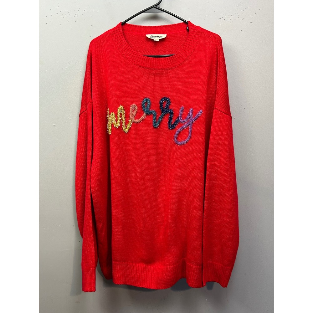 Haptics‎ by Holly Harper Red Merry Tinsel Embroidered Pullover Sweater 2X